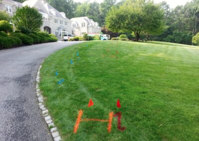 An empty lawn in front of a white house with orange flag and line markings on the ground.