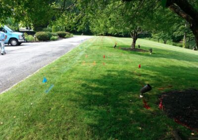 An empty ground with orange and blue markings with orange flag markings.