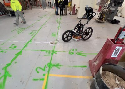 Visible orange and blue markings on the ground with workers standing about.