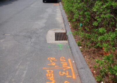 An empty driveway with orange markings.